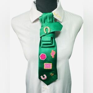 Green Necktie with Gold Horseshoe Brooch and Pink Embellished Patches